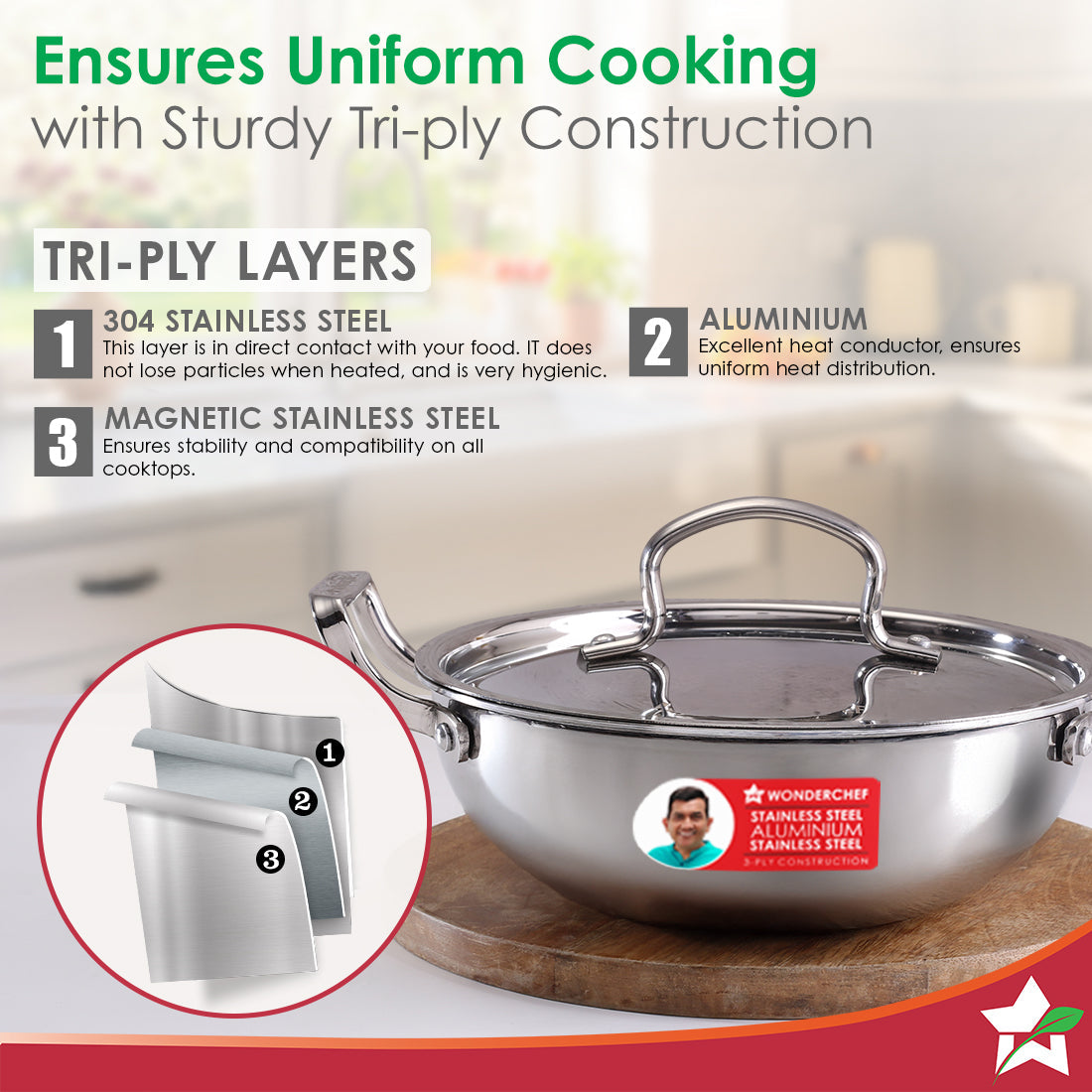 Stella Triply Stainless Steel Kadhai with Lid | 24 cm, 3 Litres | Compatible with Gas Stove, Induction, Ceramic Cooktop | Non-toxic | Uniform Heating | Heavy-duty Handle | 10-year Warranty