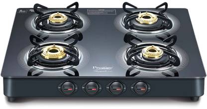 Prestige Royale Plus GT 04 Toughened Black Glass Top with Baati/Tandoor Stand Inside Glass Manual Gas Stove (4 Burners)