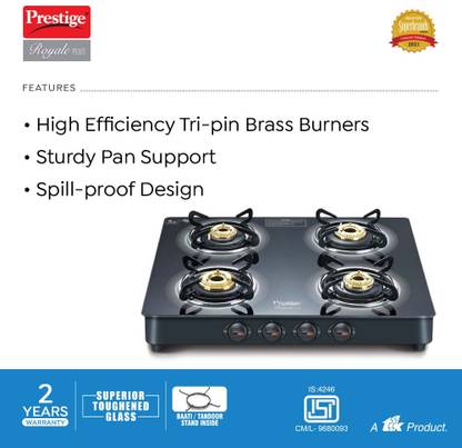 Prestige Royale Plus GT 04 Toughened Black Glass Top with Baati/Tandoor Stand Inside Glass Manual Gas Stove (4 Burners)