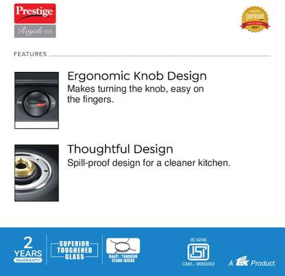 Prestige Royale Plus GT 04 Toughened Black Glass Top with Baati/Tandoor Stand Inside Glass Manual Gas Stove (4 Burners)