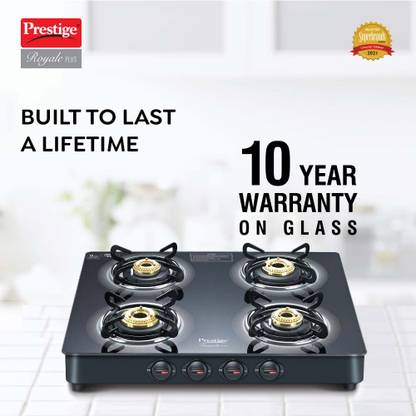 Prestige Royale Plus GT 04 Toughened Black Glass Top with Baati/Tandoor Stand Inside Glass Manual Gas Stove (4 Burners)