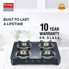 Prestige Royale Plus GT 04 Toughened Black Glass Top with Baati/Tandoor Stand Inside Glass Manual Gas Stove (4 Burners)