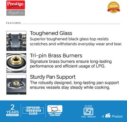 Prestige Royale Plus GT 04 Toughened Black Glass Top with Baati/Tandoor Stand Inside Glass Manual Gas Stove (4 Burners)