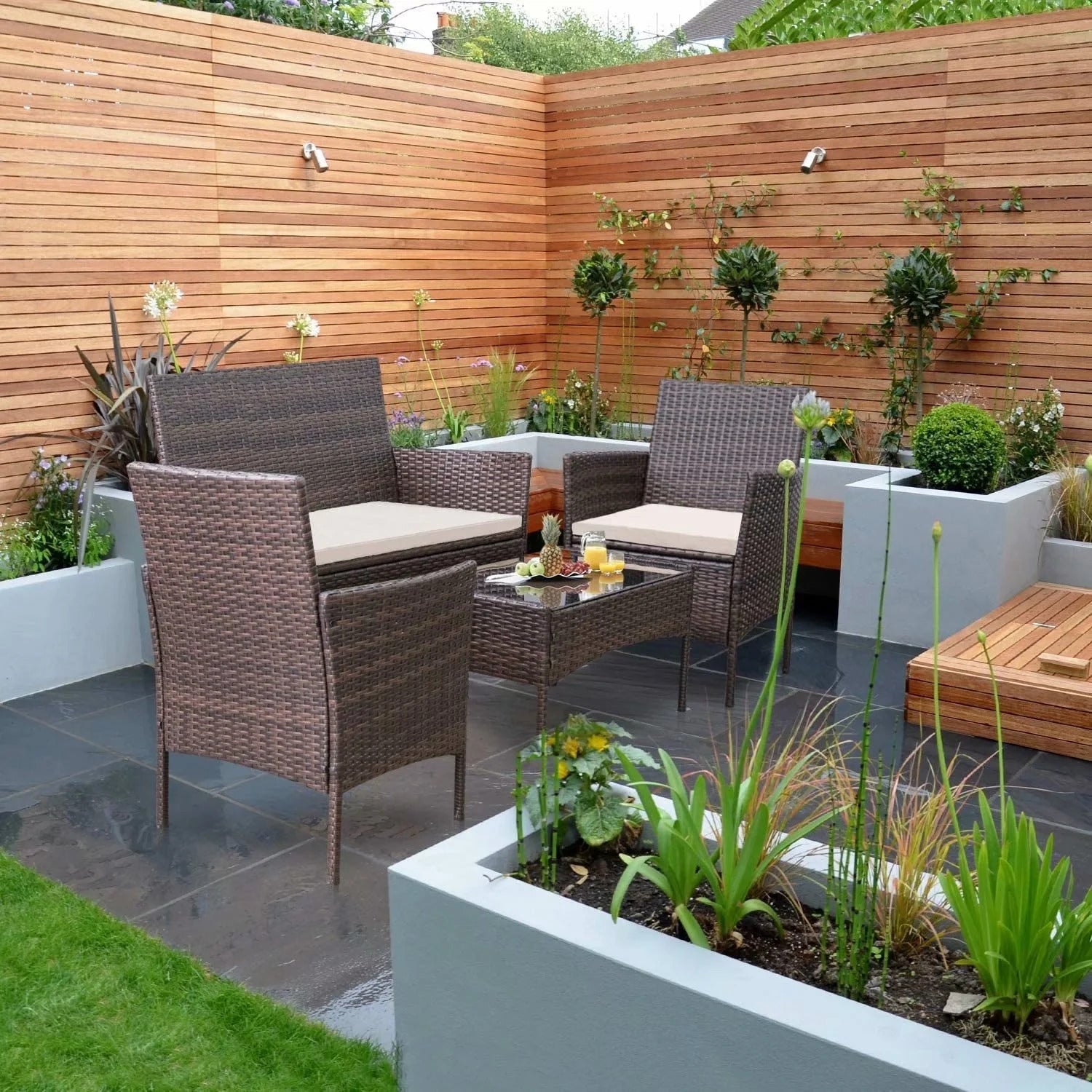 Faus Outdoor Sofa Set 2 Seater , 2 Single seater and 1 Center Table (Brown + White)