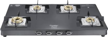 Prestige Royale Quadra|3-Way Nozzle Design|Tri-Pin Jumbo Burner|Superior Toughened Glass Manual Gas Stove (4 Burners)