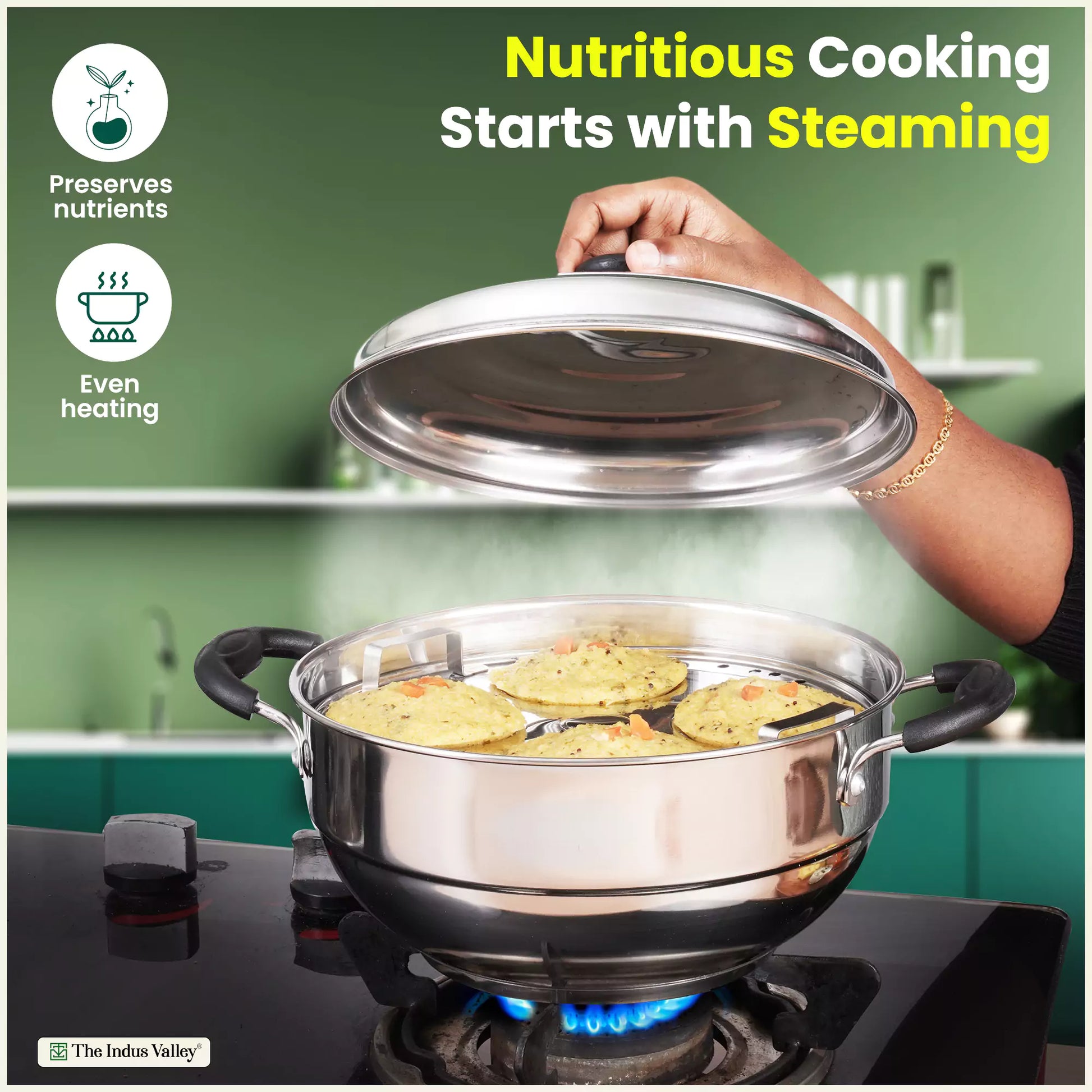 8 Pit Tri-Steel Multi Pot Premium Stainless Steel Idli/ Dhokla/ Momo Maker/ Veg Steaming Set, Tri-ply Induction Bottom, 5 Plates, 3L