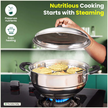 8 Pit Tri-Steel Multi Pot Premium Stainless Steel Idli/ Dhokla/ Momo Maker/ Veg Steaming Set, Tri-ply Induction Bottom, 5 Plates, 3L