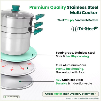 Tri-steel Multi Cooker Pot Premium Stainless Steel Momo Maker/ Idiyappam/ Biryani/  Veg Steaming Set, 3 Pots, 21cm