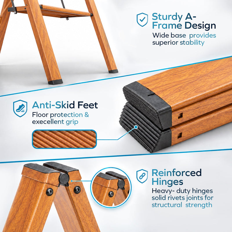 Corvids 4-Steps Premium Folding Step Stool | 2-Year Warranty | Wide Anti-Slip Pedal, Portable Lightweight Aluminum Step Ladder for Home and Office Use (Teak)-4