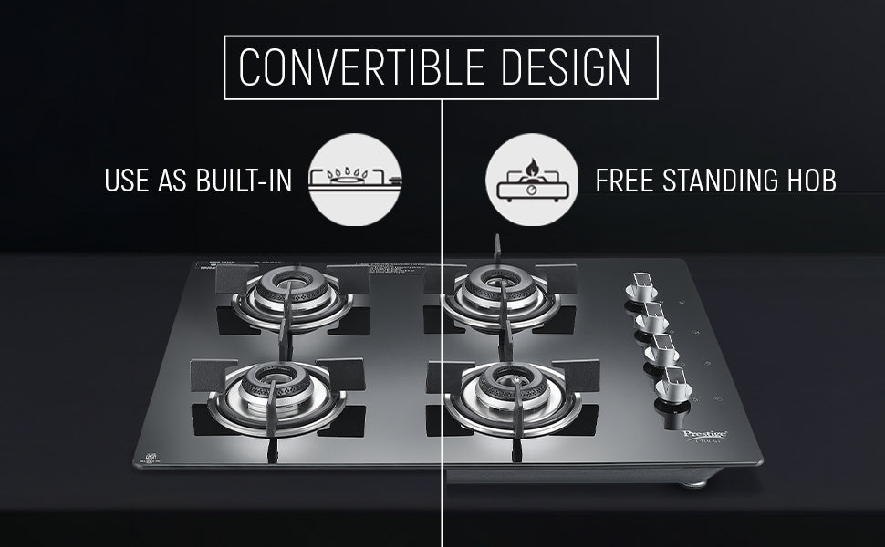 Prestige Efficia Convertible 4 Burner Glasstop Hob|One-Touch Advance Auto-Ignition|Cast-Iron Pan Support|Toughened Glass|SABAF Burners|Ultra-Slim Body|5 Years Warranty on Glass|Black