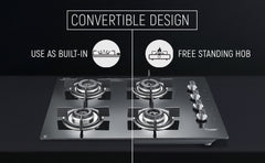 Prestige Efficia Convertible 4 Burner Glasstop Hob|One-Touch Advance Auto-Ignition|Cast-Iron Pan Support|Toughened Glass|SABAF Burners|Ultra-Slim Body|5 Years Warranty on Glass|Black