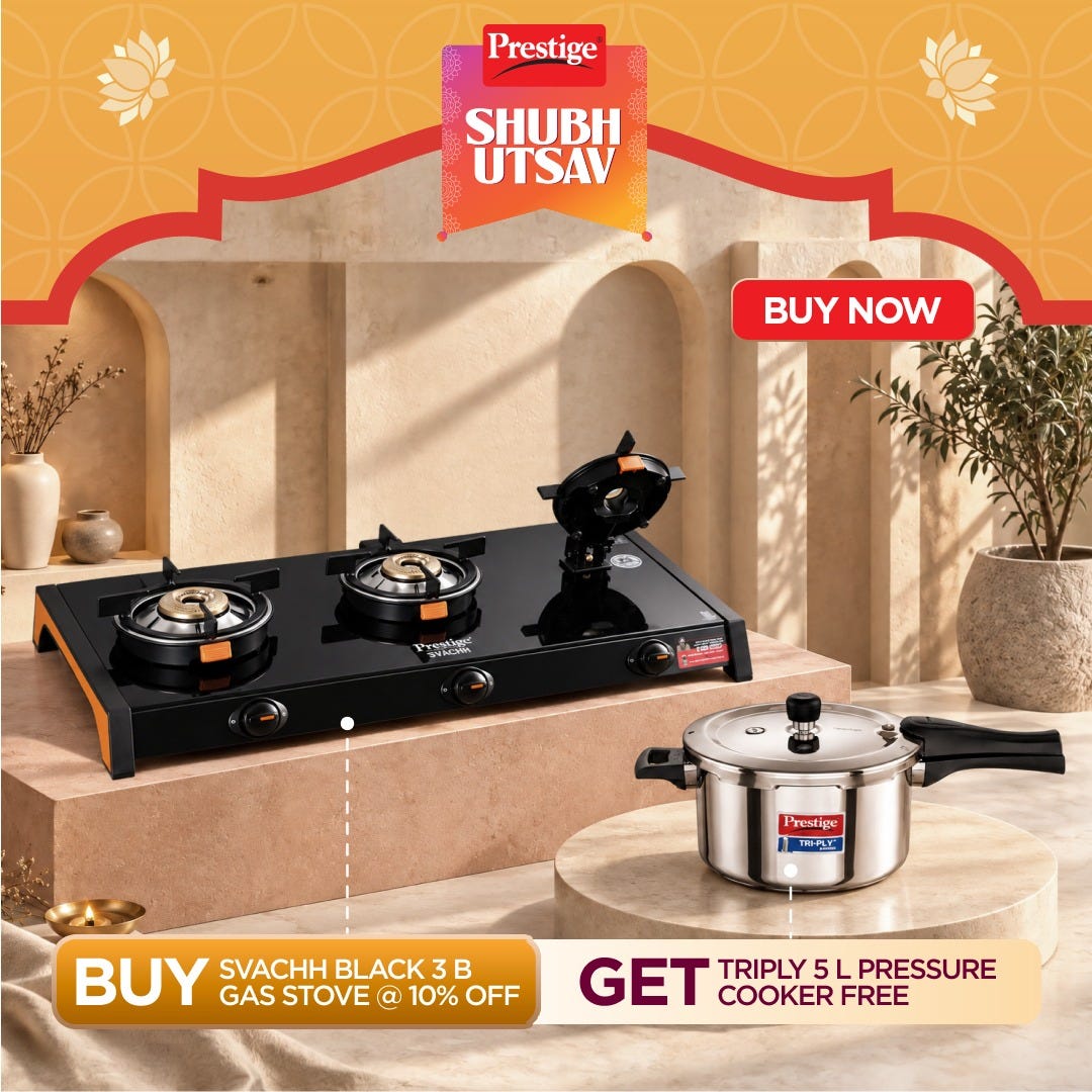 Prestige Svachh Glass Top 3 Burner Gas Stove with Liftable Burners GTSB-03 + Prestige 5 L Tri-Ply Svachh Inner Lid Pressure Cooker, Gas & Induction Compatible, Spillage Control, 5Y Warranty, Silver