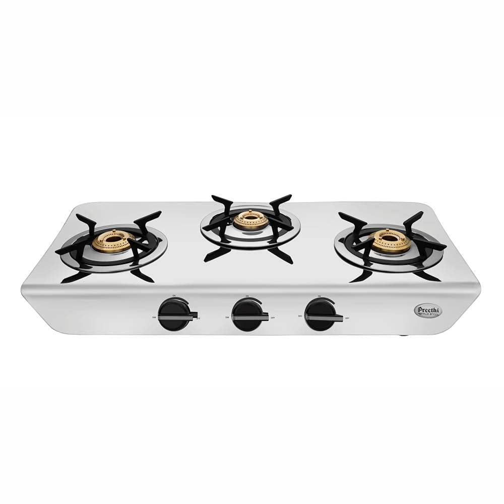 Preethi Stylo Steel 3 Burner Gas Stove |Curved & Sleek design| Heavy Brass Burner| Ant Guard Jet | Removable Drip Tray