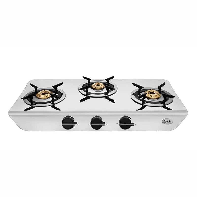 Preethi Stylo Steel 3 Burner Gas Stove |Curved & Sleek design| Heavy Brass Burner| Ant Guard Jet | Removable Drip Tray