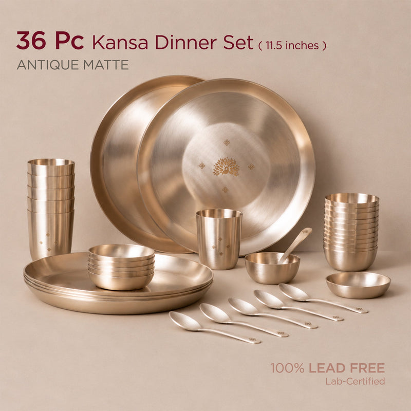 Peacock Motif • 36 Pcs 11.5" Kansa Dinner Set • Matte Finish • Thali Size - 11.5" • 100% Lead Free (कांसे का डिनर सेट)