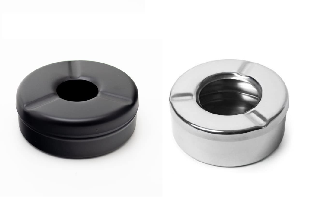 Dynore Stainless Steel Black/Silver Round Lid Ash Tray- Set of 2