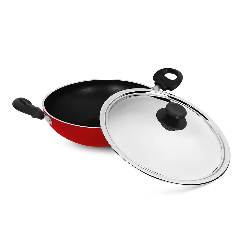 Pigeon Induction Base Storm Non Stick Kadai with Stainless Steel Lid, 200 IB, 1 Piece, Red