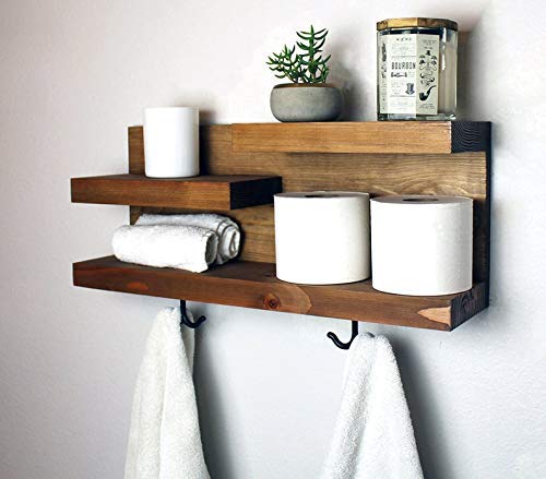 Bathroom Shelf Organizer with Towel Hooks, Apartment Decor, Wooden Towel Holder Rack, Toilet Paper Holder Rack,
