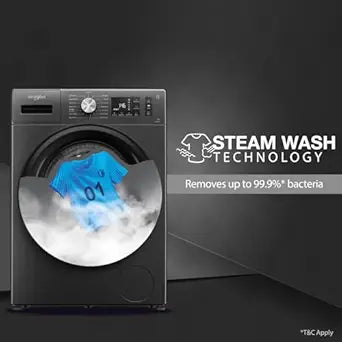 Whirlpool 7 Kg 5 Star Inverter Front Load Washing Machine with In-Built Heater (SUPREME CARE 7012 -E, Midnight Grey, 100+ Tough Stains, Steam Technology, 2025 Model)