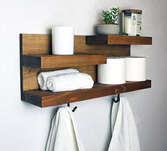 Bathroom Shelf Organizer with Towel Hooks, Apartment Decor, Wooden Towel Holder Rack, Toilet Paper Holder Rack,