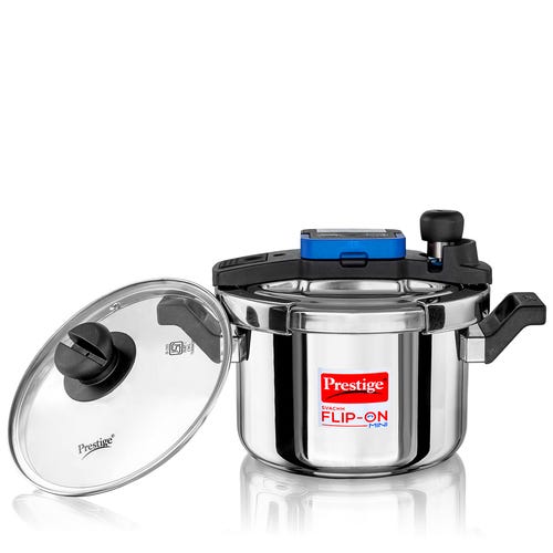 Prestige Svachh Flip-on Mini Stainless Steel Gas and Induction Compatible Pressure Cooker with Glass Lid, 3 Litre (Silver)