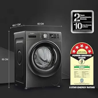 Whirlpool 7 Kg 5 Star Inverter Front Load Washing Machine with In-Built Heater (SUPREME CARE 7012 -E, Midnight Grey, 100+ Tough Stains, Steam Technology, 2025 Model)