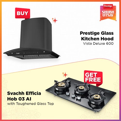 Prestige Glass Kitchen Hood - Vista Deluxe 600 with Svachh Efficia Hob 03 AI (Toughened Glass Top Multi Spark Ignition System &amp; 3 Brass Burners) and Chimney Installation Kit