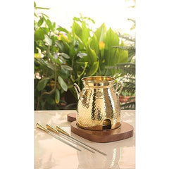 Indian Art Villa Brass Table Tandoor with Wooden Base and 3 Skewers, Hammered Design, Tabletop Oven for Indian Cooking - Home, Hotel and Restaurant Use, Diameter - 12 Inch