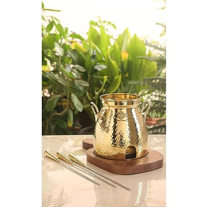 Indian Art Villa Brass Table Tandoor with Wooden Base and 3 Skewers, Hammered Design, Tabletop Oven for Indian Cooking - Home, Hotel and Restaurant Use, Diameter - 12 Inch