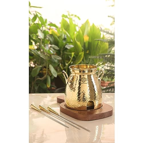 Indian Art Villa Brass Table Tandoor with Wooden Base and 3 Skewers, Hammered Design, Tabletop Oven for Indian Cooking - Home, Hotel and Restaurant Use, Diameter - 12 Inch