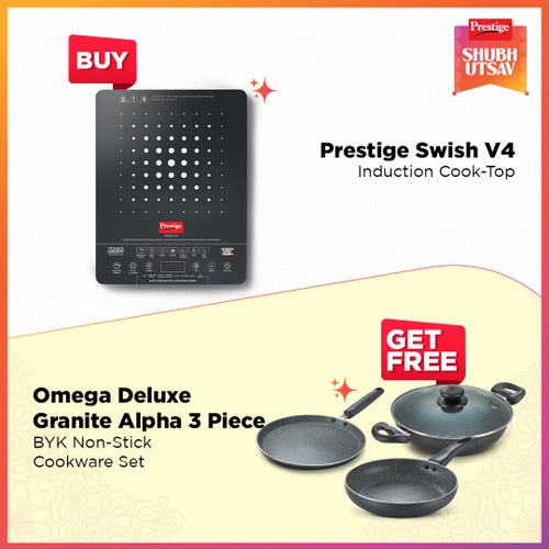 Prestige Swish Induction COOK-TOP V4 with Omega Deluxe Granite Alpha 3 Piece BYK Non-Stick Cookware Set| Kadai 24cm with Glass Lid, Omni Tawa 28cm and Fry Pan 24cm