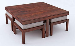 Vesta Beige 4 Stool Coffee Table Mahogany in Sheesham Wood | Center Table for Living Room Centre Furniture Coff