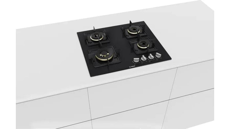 Bosch Built in Gas Hob Black Tempered glass Glass 4 Burner Auto Ignition 60 cm True Brass 2D Ring Burners with Glossy Bl