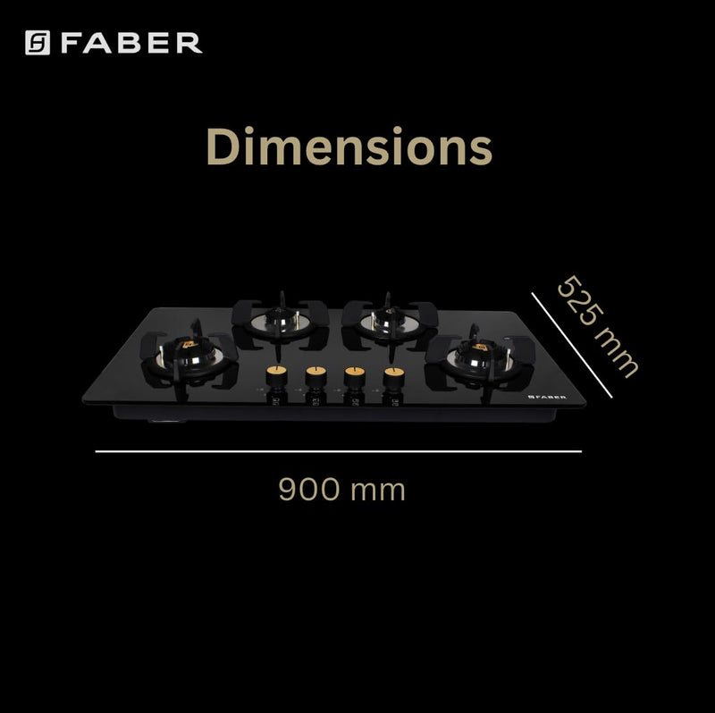 Faber Hob/Hobtop 4 Brass Burner Auto Ignition Glass Top Gas Stove(Maxus HT904 CRS BR CI AI) Black