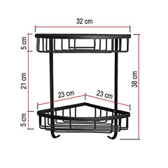 Plantex Stainless Steel Corner Shelf for Bathroom Wall/Bathroom Corner Rack with Hooks/Bathroom Organiser with Drill (2-Tier, Black)-3