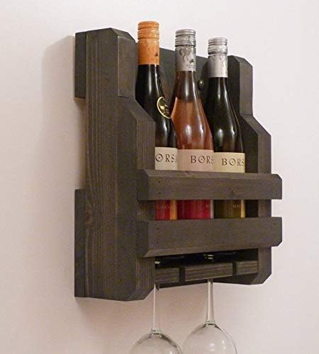 3 Bottle and 2 Wine Glass Rack and Holder Wall Mounted Wine Rack, Rustic Wine Rack, Wall Mounted Wine Rack, Woo