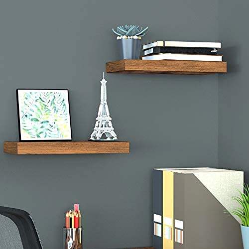Floating Shelves Wall Mounted 17-Inch - Thick Handmade Set of Dark Brown Wooden Shelf, Natural Rustic Farmhouse