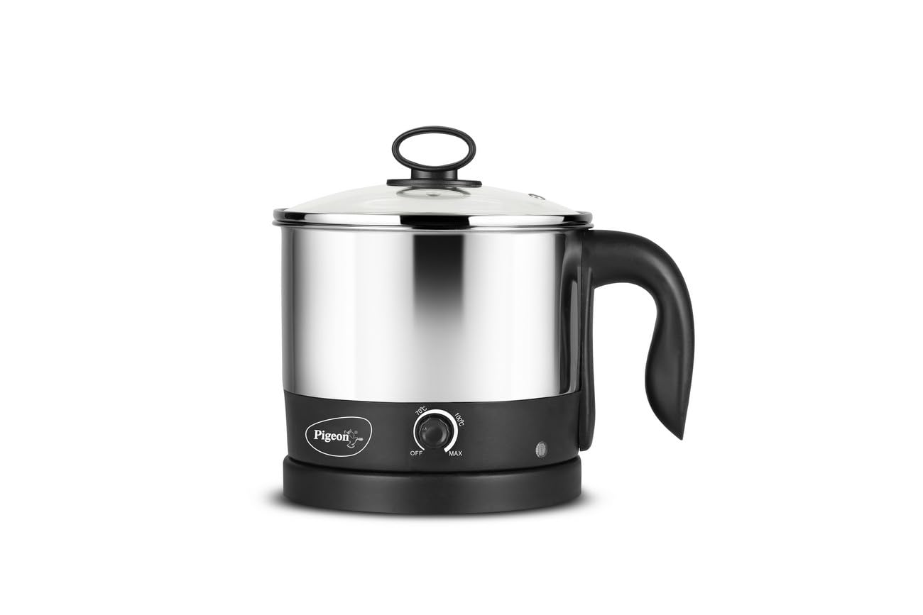 Pigeon By Stovekraft Swift Multi-Cook Kettle 1.5L, Egg Rack - Black | Double Layered | Food Grade Stainless Steel Inner Wall | Glass Lid | Auto Shut-Off, 600 Watts