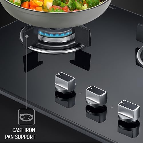 Prestige Efficia Convertible 3 Burner Glasstop Hob|One-Touch Advance Auto-Ignition|Cast-Iron Pan Support|Toughened Glass|SABAF Burners|Ultra-Slim Body|5 Years Warranty on Glass|Black