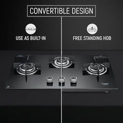 Prestige Efficia Convertible 3 Burner Glasstop Hob|One-Touch Advance Auto-Ignition|Cast-Iron Pan Support|Toughened Glass|SABAF Burners|Ultra-Slim Body|5 Years Warranty on Glass|Black