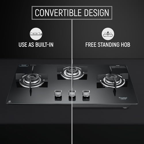 Prestige Efficia Convertible 3 Burner Glasstop Hob|One-Touch Advance Auto-Ignition|Cast-Iron Pan Support|Toughened Glass|SABAF Burners|Ultra-Slim Body|5 Years Warranty on Glass|Black