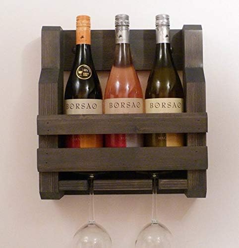 3 Bottle and 2 Wine Glass Rack and Holder Wall Mounted Wine Rack, Rustic Wine Rack, Wall Mounted Wine Rack, Woo