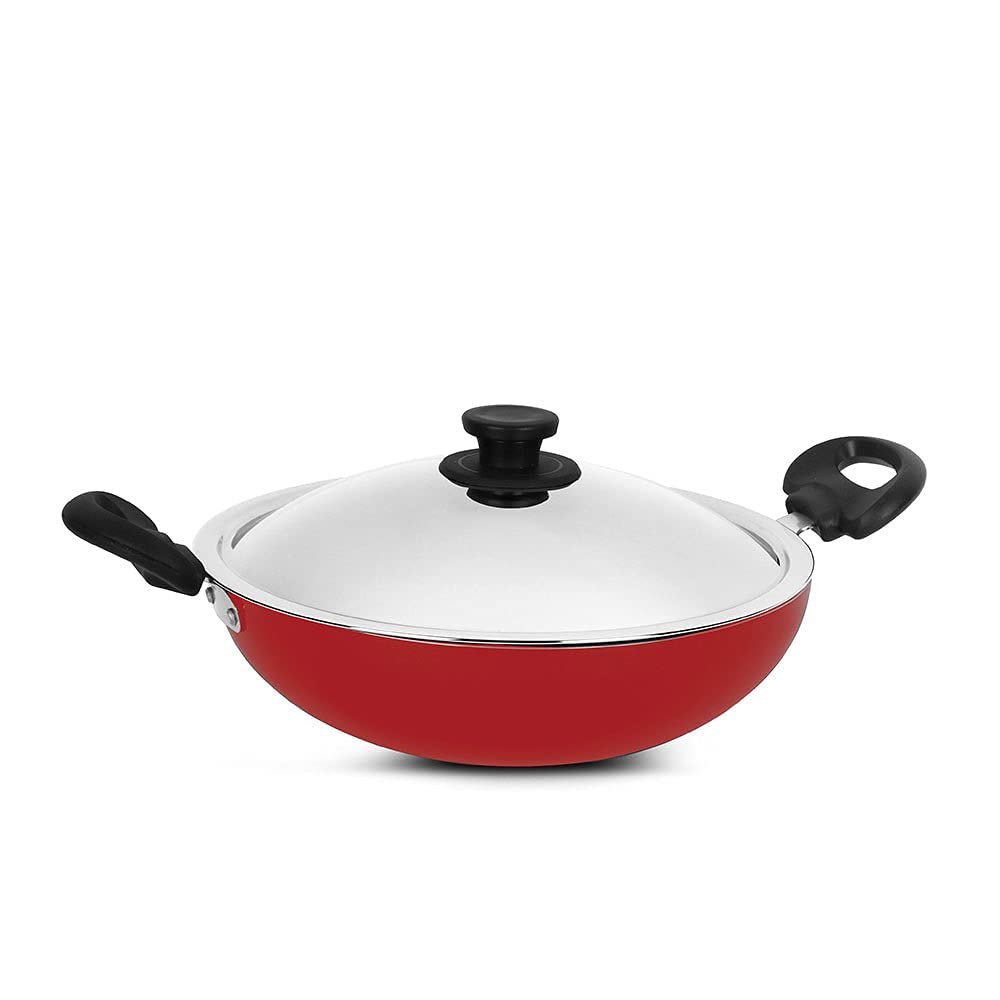 Pigeon Induction Base Storm Non Stick Kadai with Stainless Steel Lid, 200 IB, 1 Piece, Red