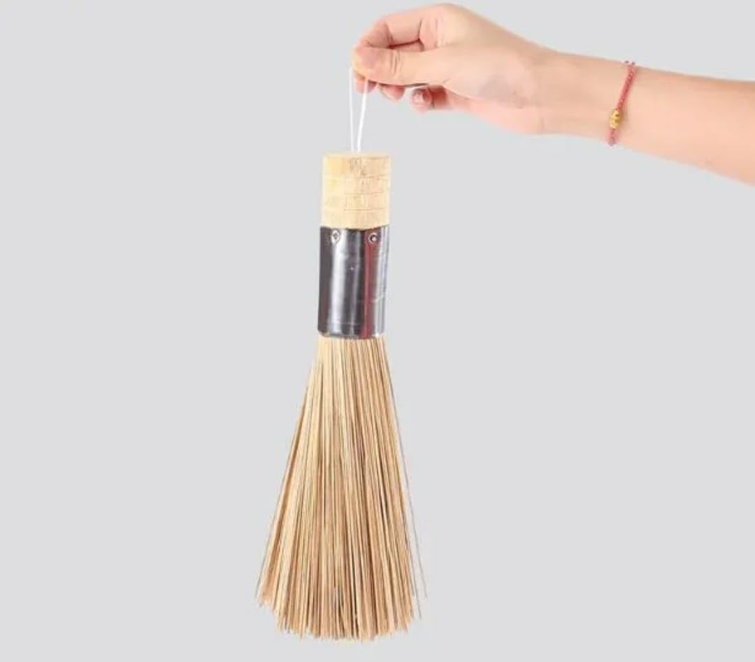 Shoppers Hub PNQ Bamboo Wood Based 32Cm Long Hygienic Cleaning Chinese Broom with SS Handle for Ideal Heavy Duty Floor Cleaning Use of Woks, Dosa Bhatties, Stoves in Hotels, Cafes, Restaurants.,Brown