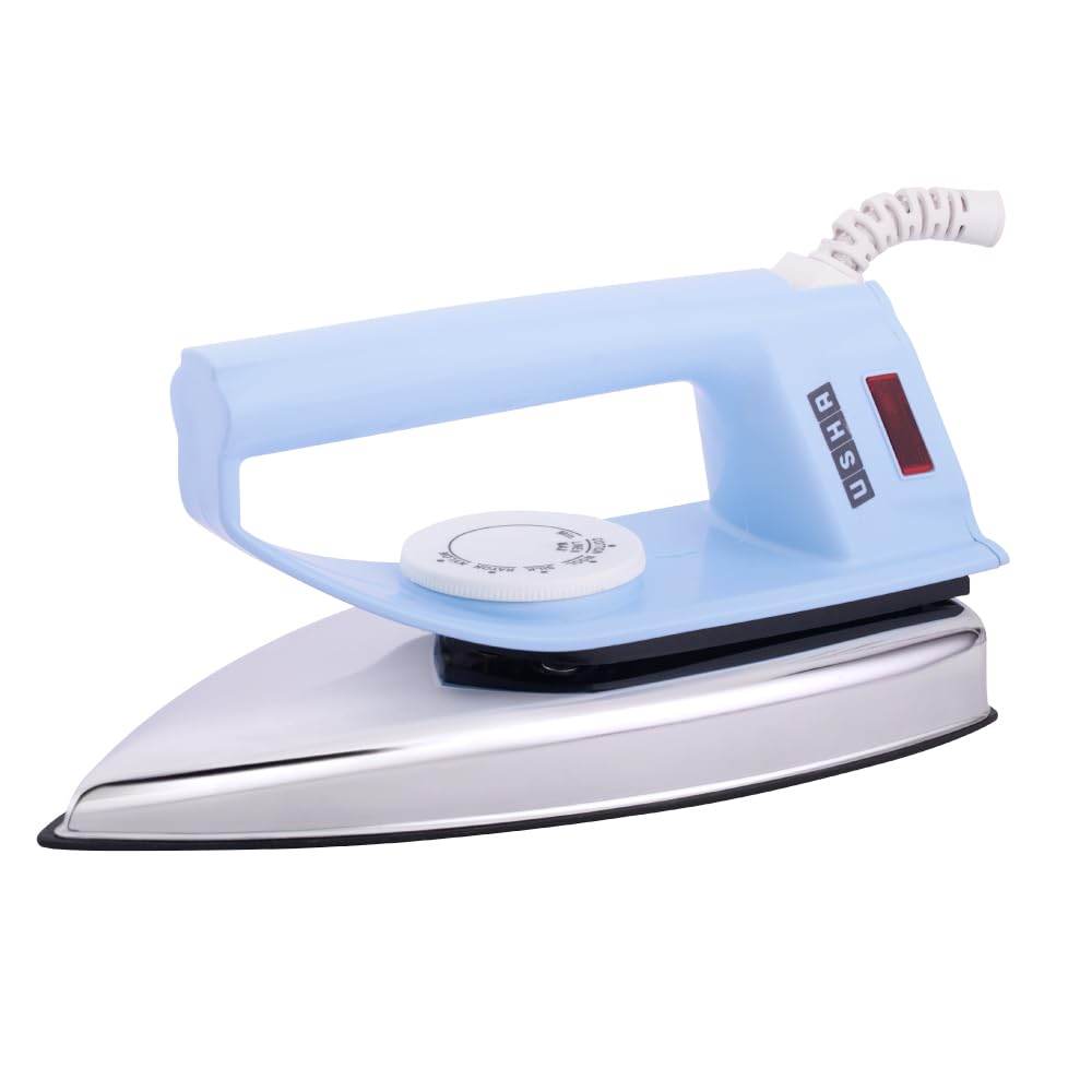 USHA EI 4175-M 750W ULTRA LIGHT WEIGHT ELECTRIC IRON WITH NON STICK PTFE COATED (BLACK WEILBURGER) SOLE PLATE, LIGHT BLUE