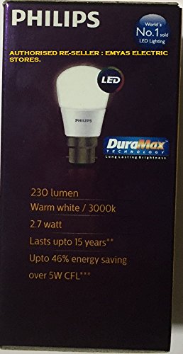 Philips 3W B22 LED Warm White Bulb, Pack of 3 (Ace Saver)