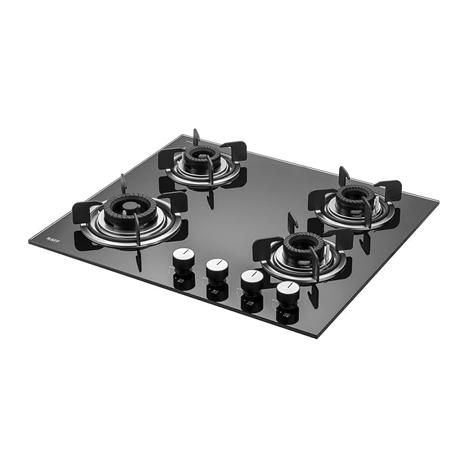 Kaff Built-in Hob/Hobtop 4 Burners, Auto Electric Ignition Glass Top, 60 CM, Black Coated Tornado Style Burners, SS Drip