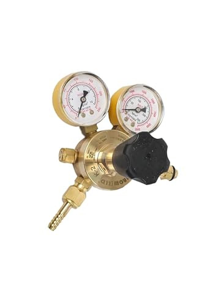Single Stage Oxygen Gas Pressure Regulator, Brass Body with Dual Pressure Gauges and Adjustment Knob, for Gas Welding and Cutting, Fits Standard Oxygen Cylinders