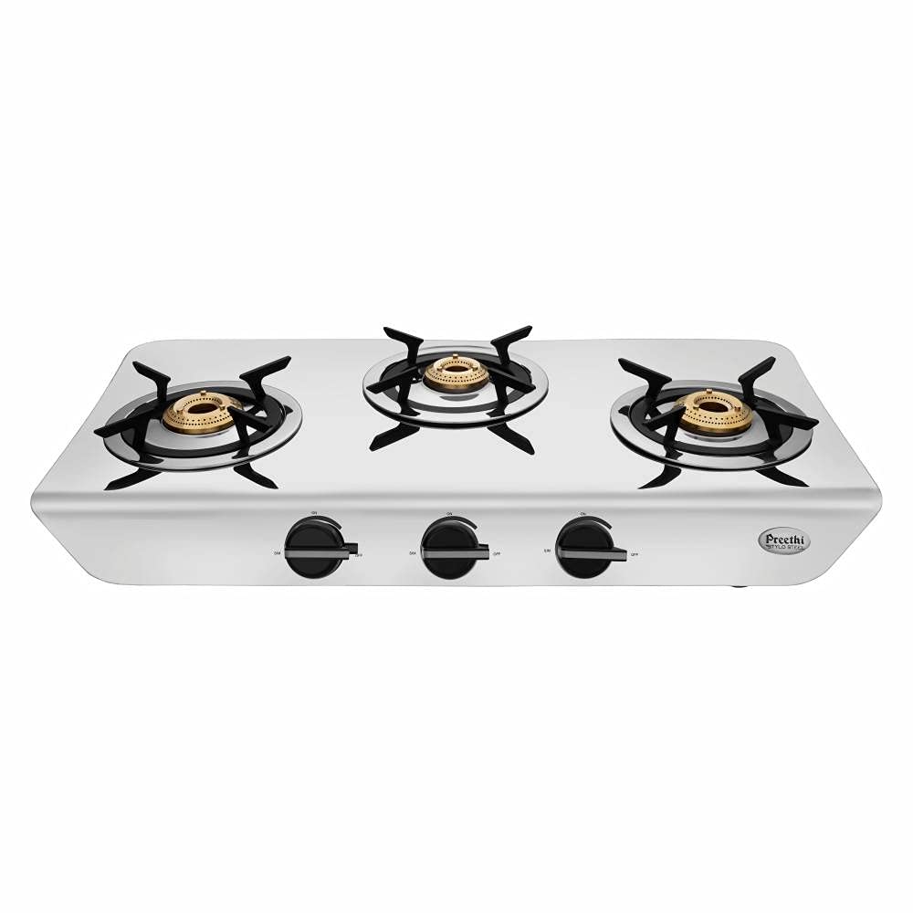 Preethi Stylo Steel 3 Burner Gas Stove |Curved & Sleek design| Heavy Brass Burner| Ant Guard Jet | Removable Drip Tray