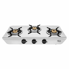 Preethi Stylo Steel 3 Burner Gas Stove |Curved & Sleek design| Heavy Brass Burner| Ant Guard Jet | Removable Drip Tray